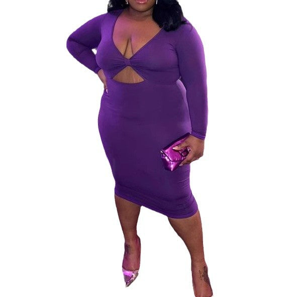 Vestido ajustado de manga larga con cuello en V para mujer, talla grande