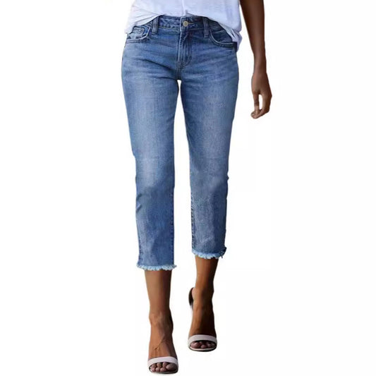 Women Retro Slim Stretch Denim Jeans High Waist Cropped Style