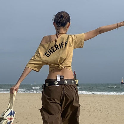 Camiseta de algodón con estampado de letras de moda urbana de verano para mujer