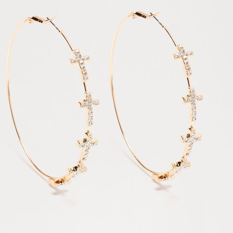 Fashion Exaggerated Rhinestone Cross Hoop Earrings with Gold Silver Finish