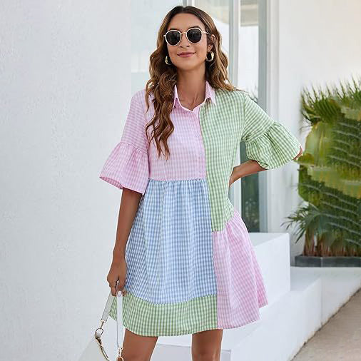 Vestido casual con costuras a cuadros para mujer