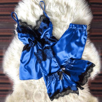 Sexy Women Solid Color Satin Lace Patchwork Pajamas Set