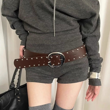 Ceinture à rivets en cuir PU pour femme, couleur unie, style décontracté