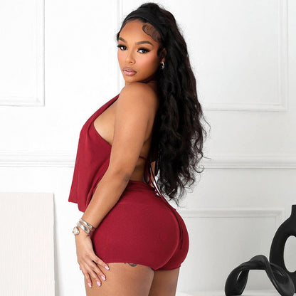 Women Fashion Halter Neck Backless Tank Top and Tight Shorts Two-Piece Set