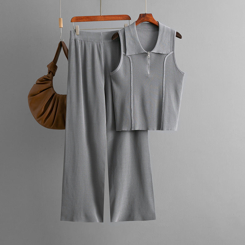 Women Casual Solid Color Sleeveless Zipper Tank Top High Waist Pants Two-Piece Set