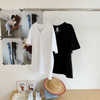 Camiseta informal de algodón con cuello en V para mujer, color liso