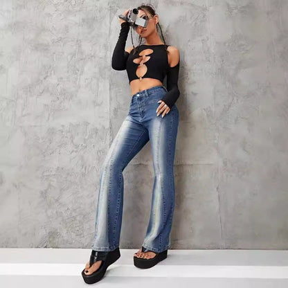 Pantalones vaqueros elásticos con degradado de moda para mujer - Pantalones vaqueros de cintura alta