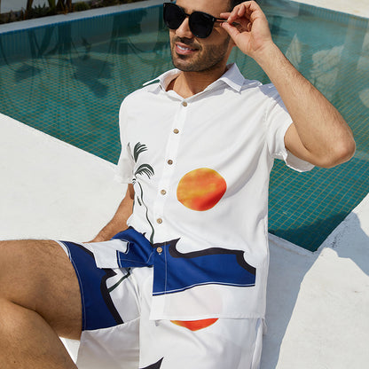 Conjunto informal de dos piezas de manga corta con camisa estampada y pantalones cortos en mezcla de poliéster