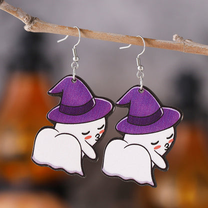 Halloween Women Double-Sided Wooden Earrings with Cartoon Creatures