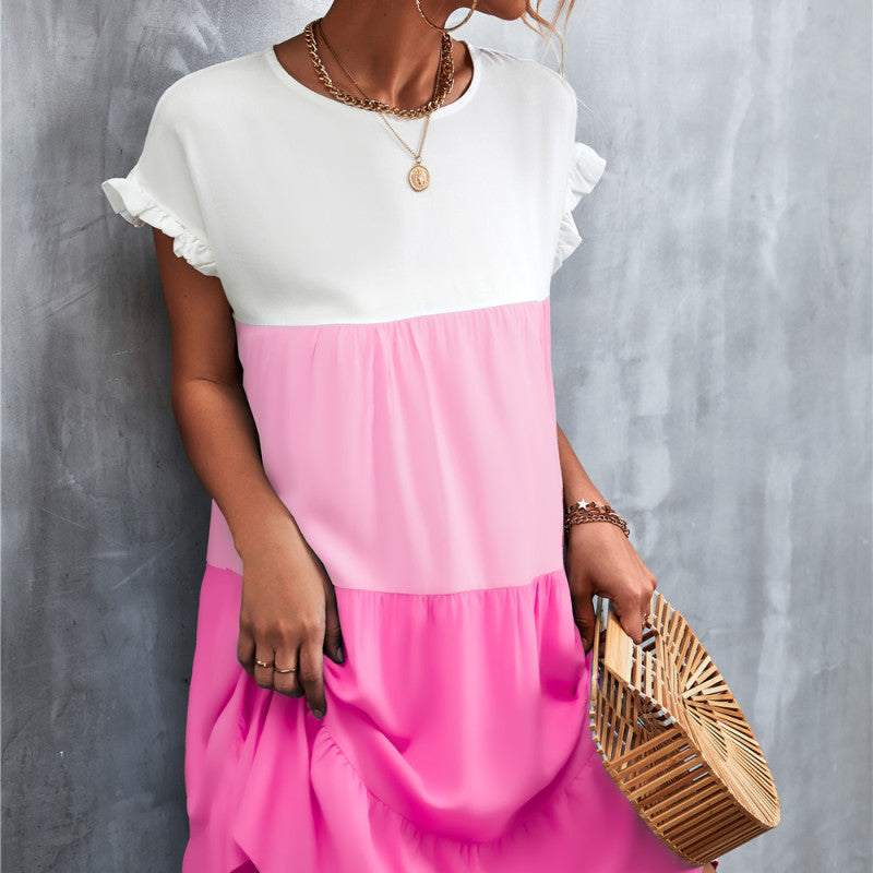 Women Bohemian Summer Short Sleeves Color Blocking Ruffled Dress