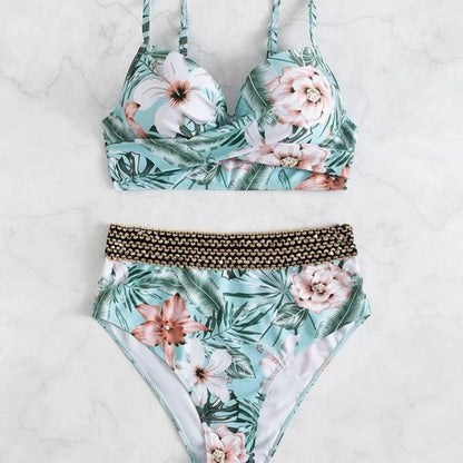 Fashion Summer Vacation Women Floral High Waist Swimwear