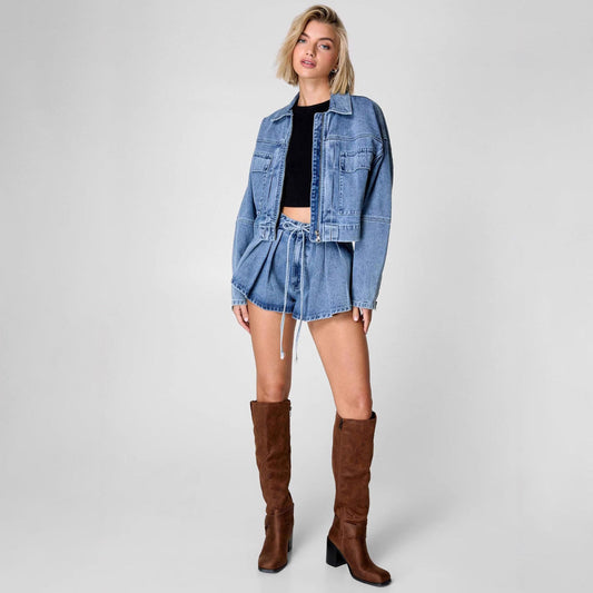 Women Fashion Casual Denim Lapel Long Sleeve Zipper Coat Two-Piece Set