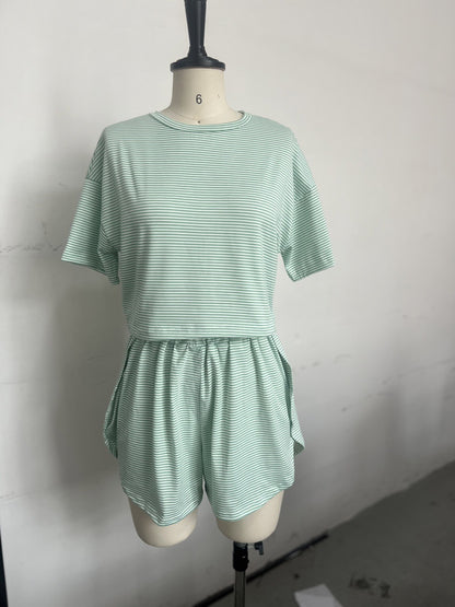 Women Casual Stripe Short-Sleeve T-Shirt and Shorts Set