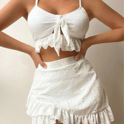Maillot de bain trois pièces sexy en dentelle ajourée de couleur unie pour femme