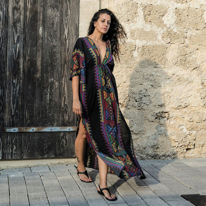 Vestido playero bohemio informal con escote en V profundo para mujer