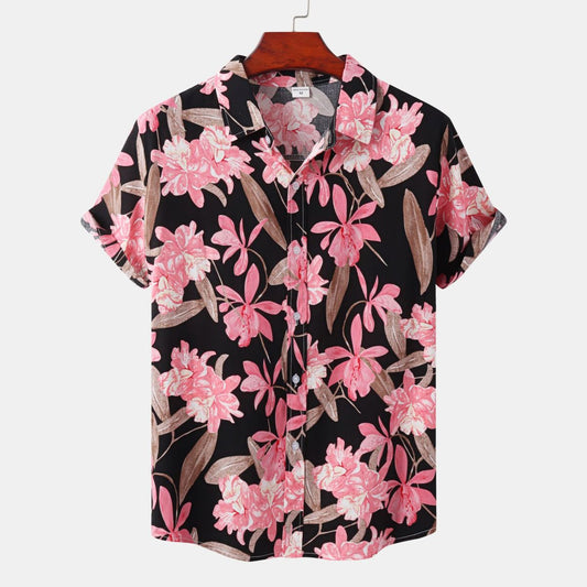 Camisa informal de verano con estampado de flores pequeñas para hombre