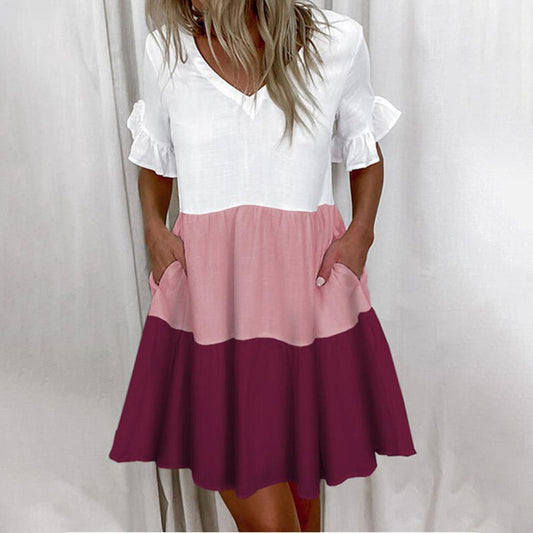 Vestido casual con cuello en V y estampado de bloques de color para mujer