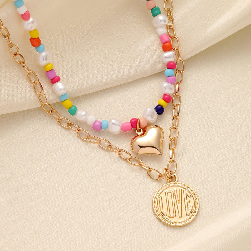 Collar bohemio de doble capa con monedas de amor para mujer