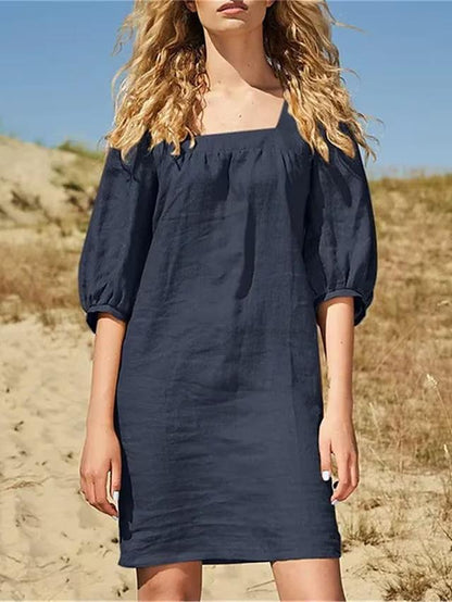 Women Fashion Casual Square Collar Puff Sleeve Dress