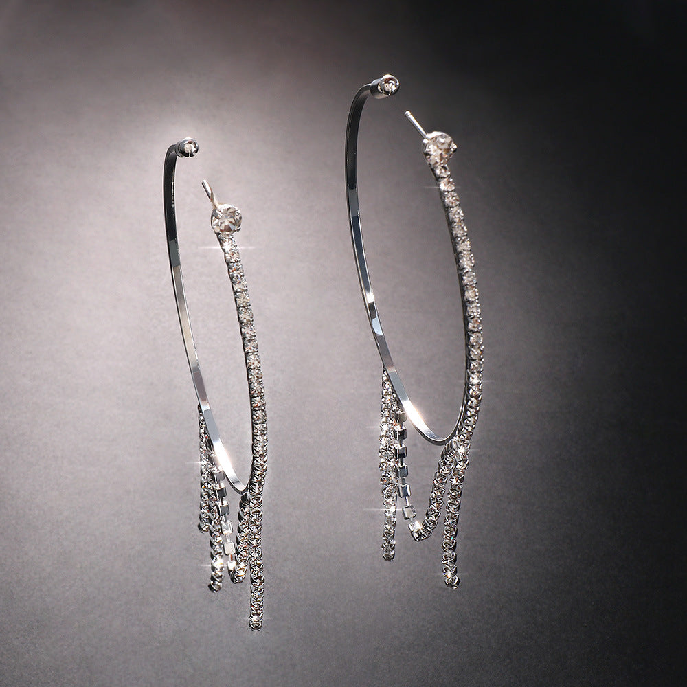 Women Fashion Simple Irregular Ring-Shaped Rhinestone Tassel Earrings