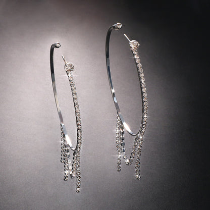 Women Fashion Simple Irregular Ring-Shaped Rhinestone Tassel Earrings
