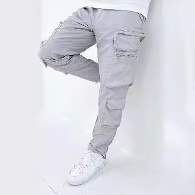 Men Fashion Casual Solid Color Multi-Pocket Slim Fit Pants