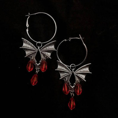 Halloween Gothic Red Vampire Bat Glass Crystal Earrings