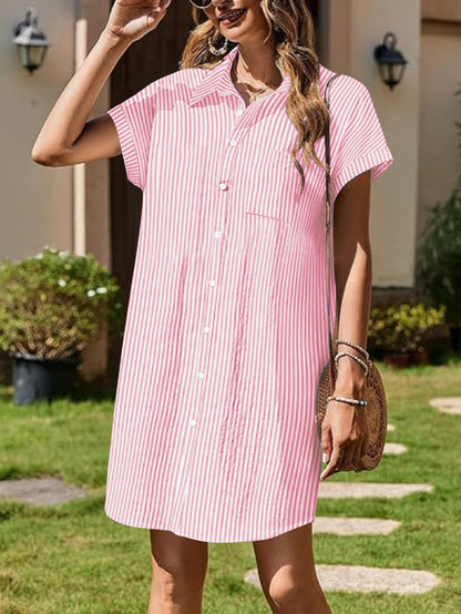 Vestido informal de manga corta con solapa y rayas para mujer