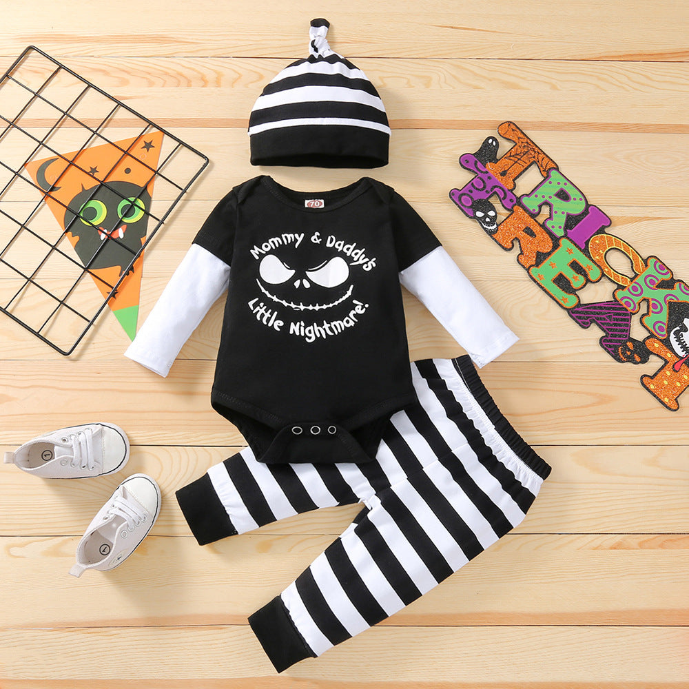 Conjunto de pantalones y mameluco de manga larga con estampado de calabaza informal para niños y niñas