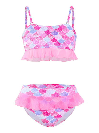 Conjunto de baño de dos piezas con top y pantalones cortos con volantes y estampado de sirena para niña