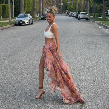 Falda con volantes y estampado floral para mujer, sexy, de vacaciones