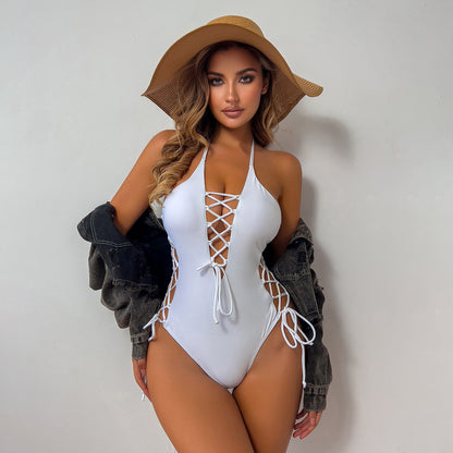 Traje de baño de una pieza con cuello halter, sexy, de color sólido, a la moda para mujer