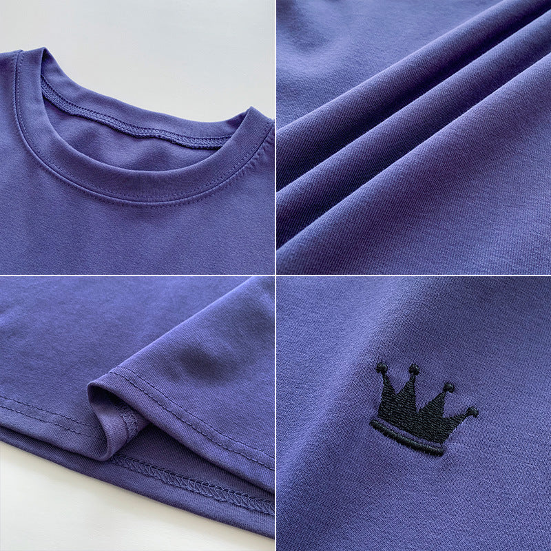 Women Fashion Casual Solid Color Embroidered Crewneck T-Shirt