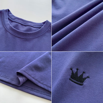 Women Fashion Casual Solid Color Embroidered Crewneck T-Shirt