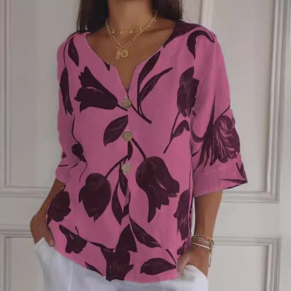 Casual Floral Printed Cotton Linen Women Blouse