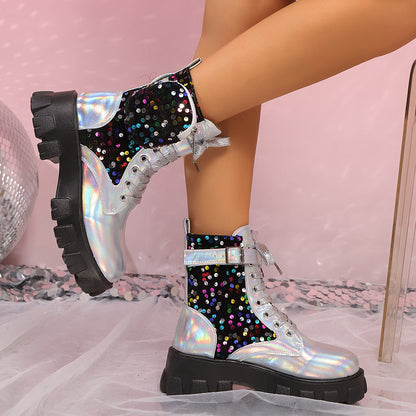 Colorful Stitching Sequin Ankle Boots for Women