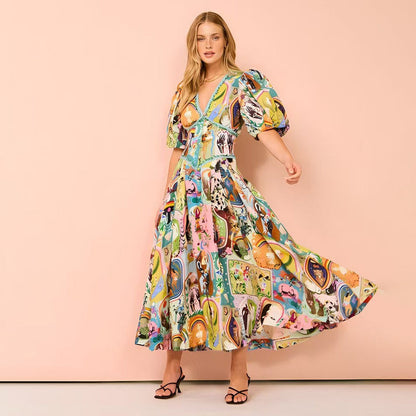 Robe imprimée décontractée à col en V pour femme