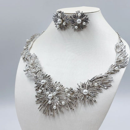 Women Fashion Geometric Alloy Pearl Necklace Earrings Set