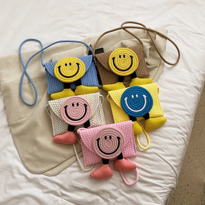 Bolso bandolera creativo de paja con carita sonriente de verano