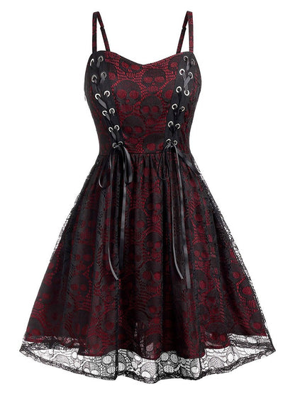 Women Fashion Retro Gothic Lace Splice Skull Dress