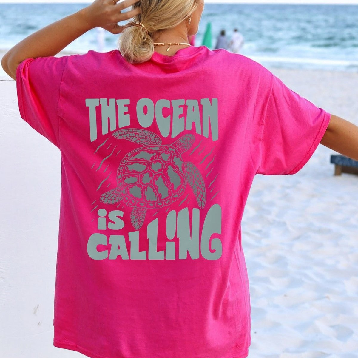 Camiseta informal de algodón con estampado de letras y tortugas para mujer