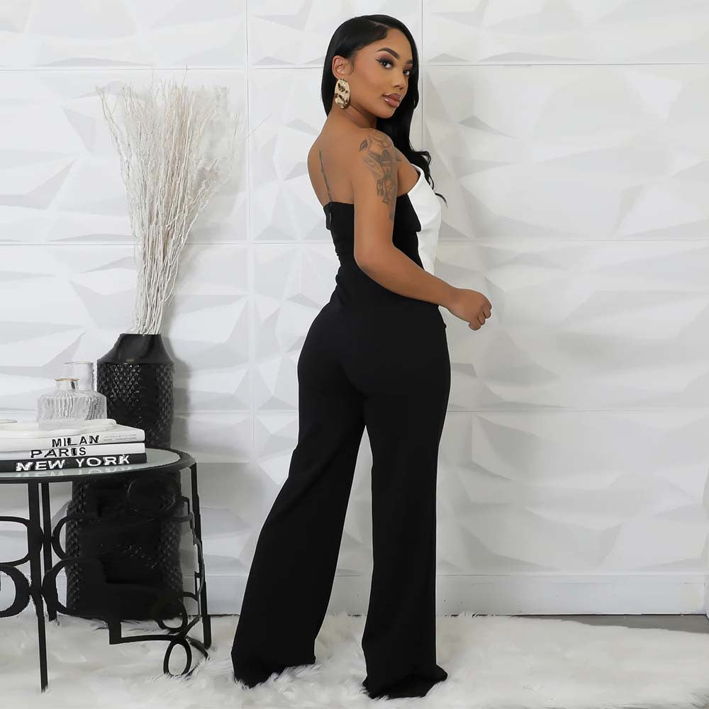 Women Fashion Sexy Contrast Color Sleeveless Metal Buckle Jumpsuit