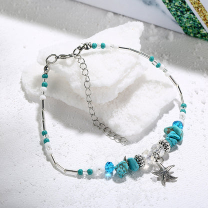 Tobillera con colgante de estrella de mar turquesa y cuentas de arroz estilo bohemio