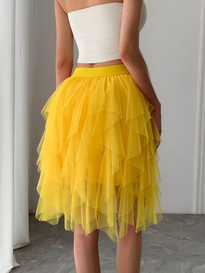 Women Fashion Solid Color Mesh Irregular Hem Skirt