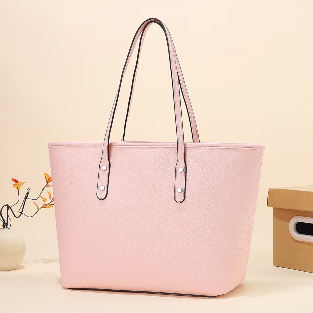 Simple Solid Color Large Capacity PU Tote Bag