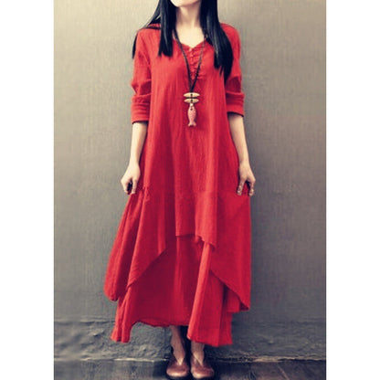 Vestido de lino de color liso literario de moda para mujer