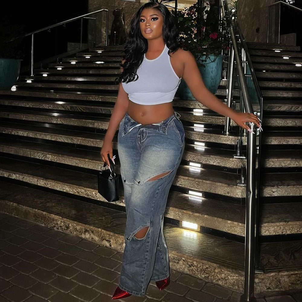 Women Street Fashion Cutout Jeans Light Blue High Waist
