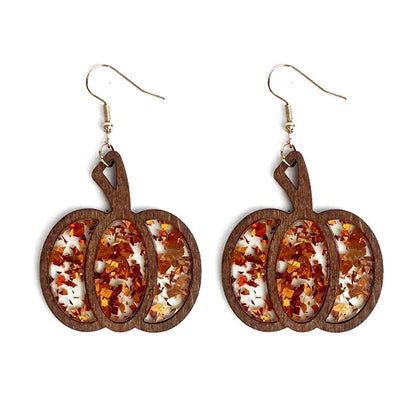 Pendientes de madera con forma de calabaza y purpurina para Halloween para mujer