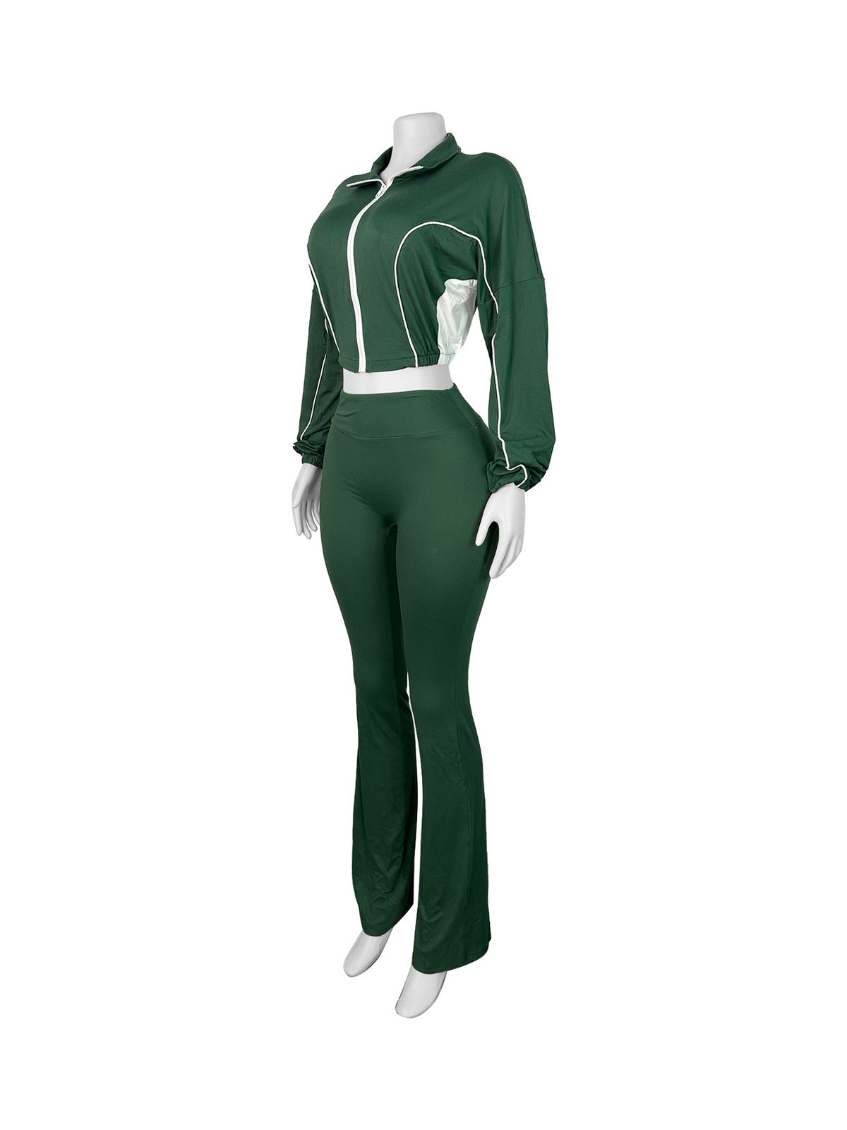 Fashion Women Double Stitching Contrast Color Zipper Crop Top and Wide-Leg Pants Set