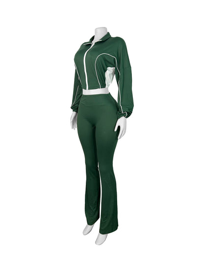 Fashion Women Double Stitching Contrast Color Zipper Crop Top and Wide-Leg Pants Set